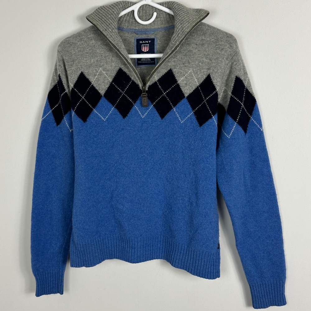 Gant 100% Lambswool Argyle Quarter Zip Sweater Mens Size Small Blue‎ Grey Knit S